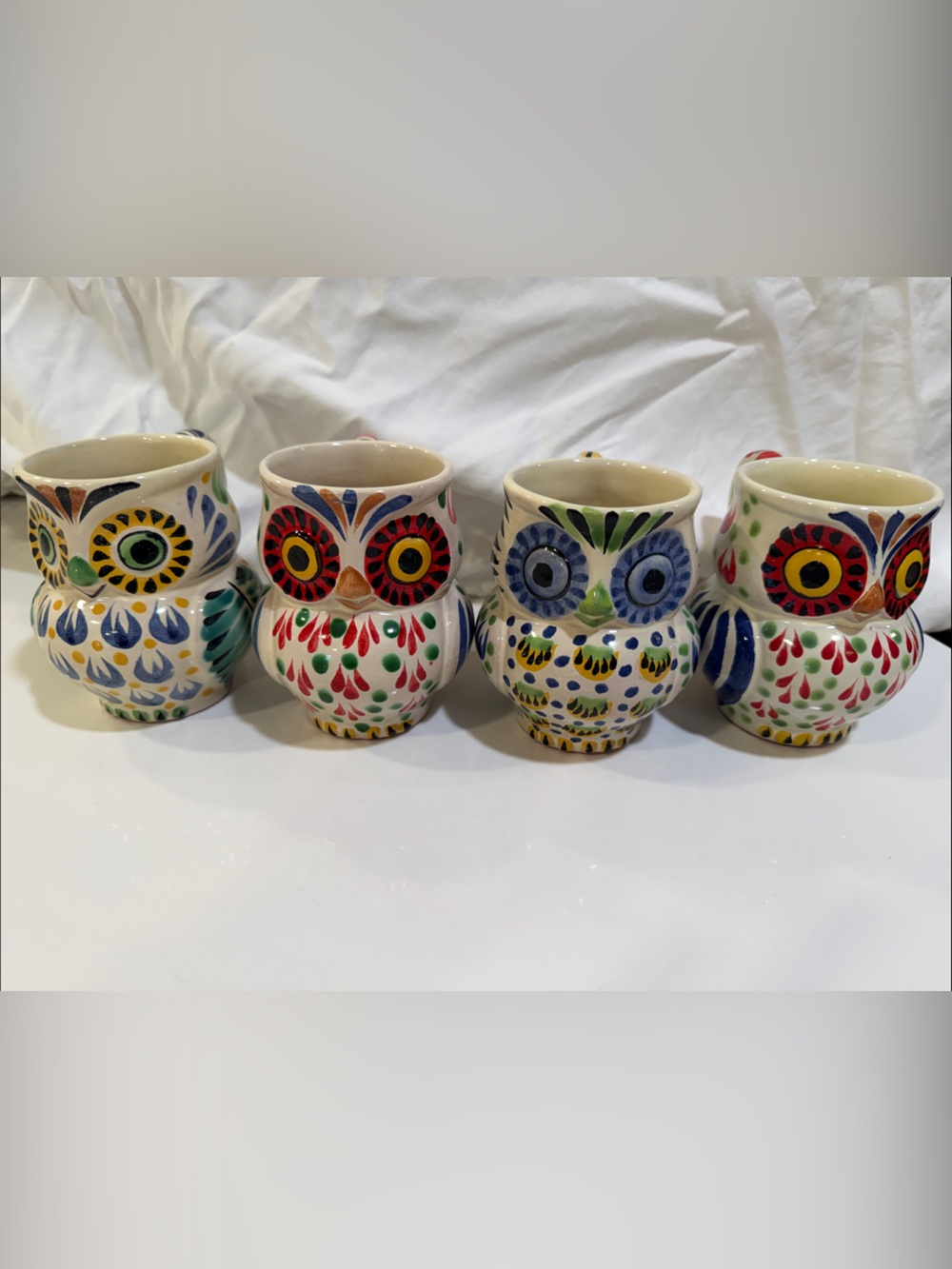 Set of 4 Anthropologie Hand-Painted by Gorky Gonzales Owl Ceramic Mugs